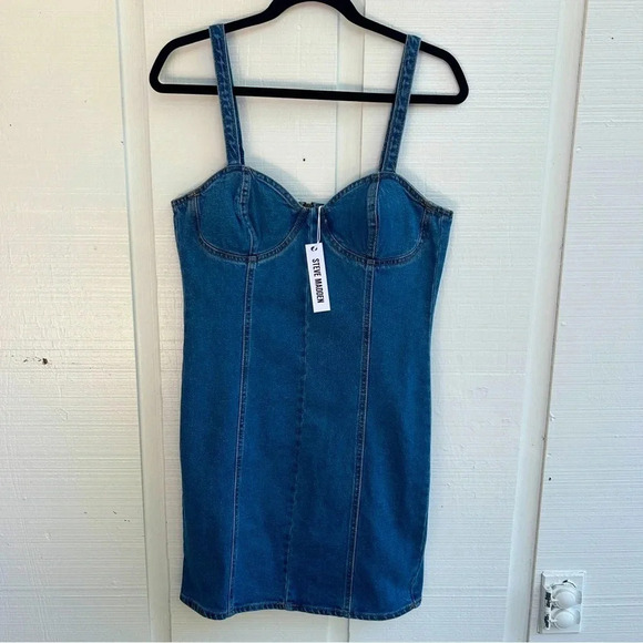Steve Madden Corset Denim Mini Dress Medium Dark Blue Wash Tassel Zipper Detail - Picture 1 of 7